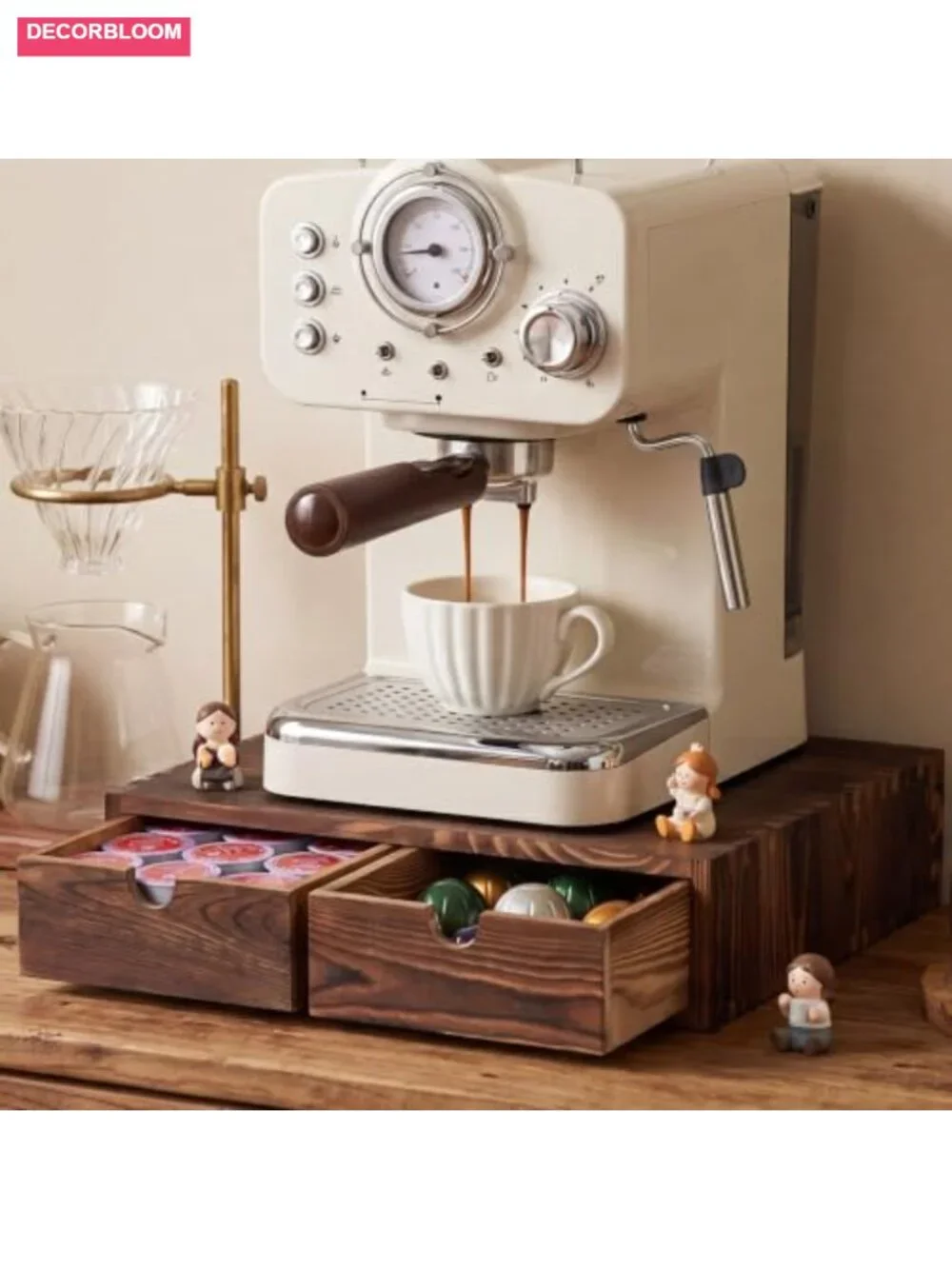 Wooden Coffee Pod Organizer with 2 Drawers, Holds 30 Pods, 2-in-1 Maker Stand